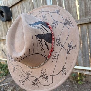 Beige Wide Brim Hat with Black Leaf Design